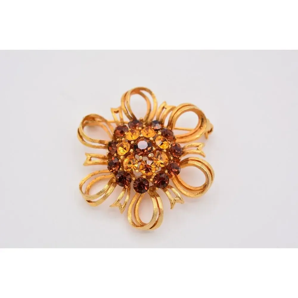 Lisner Vintage Flower Pin Brooch Amber Rhinestone Crystal Gold Signed 50s Bin5B